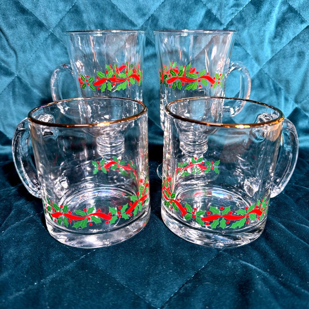 Holiday Christmas Coffee Mugs Vintage Set(4) 2 Irish Holly Berry Gold Trim Clear